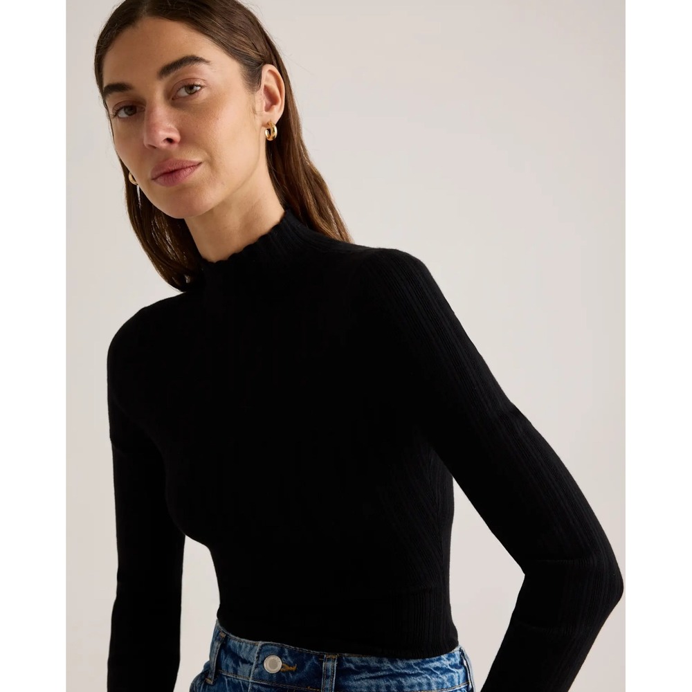 Quince Mongolian Cashmere Ribbed Mock Neck Bodysuit Black Size Medium NWT